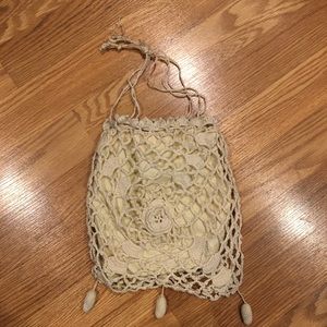 Vintage Cotton Ecru Crochet Drawstring‎ Purse